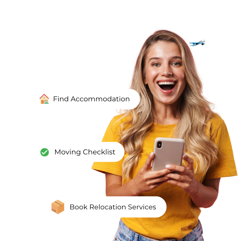 Photo of an expat smiling, holding a phone while using Matutto to help her move abroad. She is sorrounded by three labels that read “find accommodation”, “moving checklist” and “cost of living calculator”